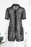 Black Sexy Solid Hollowed Out Patchwork Buckle Turndown Collar Straight Rompers