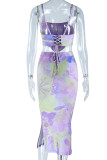 Purple Sexy Print Bandage Patchwork Backless Asymmetrical Spaghetti Strap Sleeveless Two Pieces