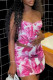 Rose Red Sexy Print Patchwork Slit Strapless Sleeveless Two Pieces