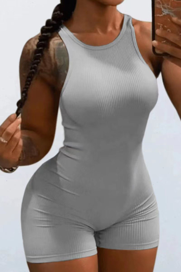 Grey Casual Sportswear Solid Printing O Neck Skinny Rompers
