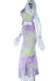 Purple Sexy Print Bandage Patchwork Backless Asymmetrical Spaghetti Strap Sleeveless Two Pieces