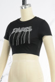 Black Casual Letter Hot Drilling Patchwork O Neck T-Shirts