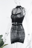 Black Sexy Solid Hollowed Out Patchwork O Neck Pencil Skirt Dresses