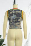 Camouflage Street Print Patchwork O Neck Tops