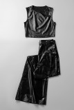 Black Casual Solid Patchwork O Neck Sleeveless Two Pieces