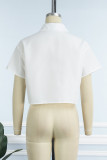 White Casual Street Print Patchwork Buckle Turndown Collar Tops