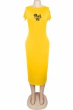 Yellow Casual Print Letter O Neck One Step Skirt Dresses