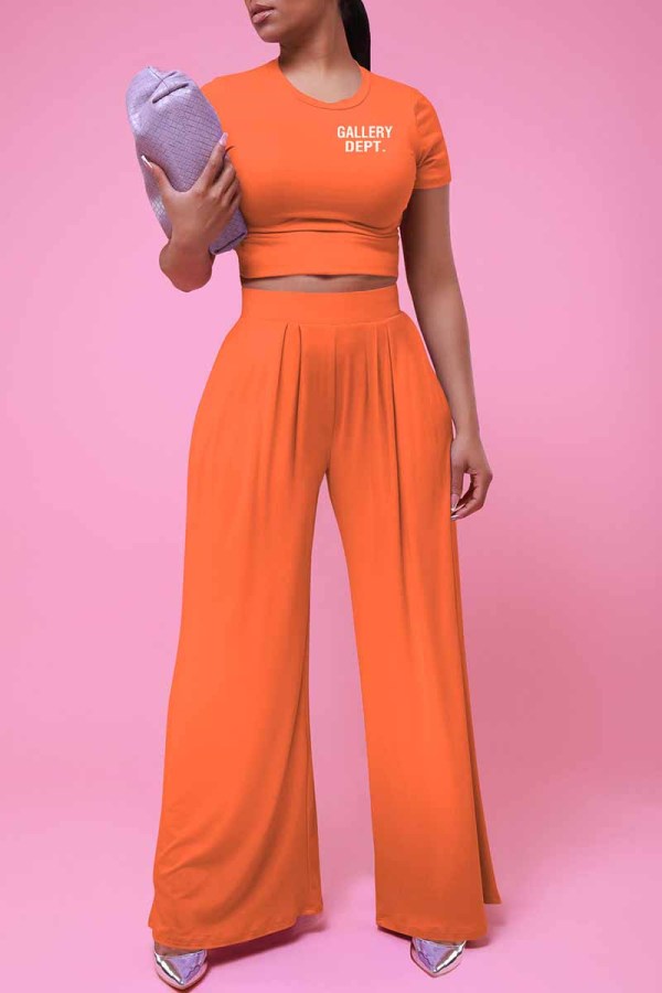 Orange Casual Print Letter O Neck Short Sleeve Two Pieces
