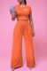Orange Casual Print Letter O Neck Short Sleeve Two Pieces