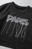 Black Casual Letter Hot Drilling Patchwork O Neck T-Shirts