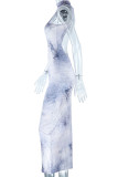 Grey Sexy Print Tie Dye Patchwork Backless Half A Turtleneck One Step Skirt Dresses
