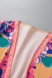 Orange Casual Print Bandage Patchwork V Neck A Line Dresses