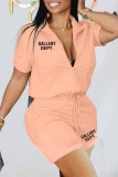 Pink Casual Print Letter Zipper Collar Short Sleeve Two Pieces