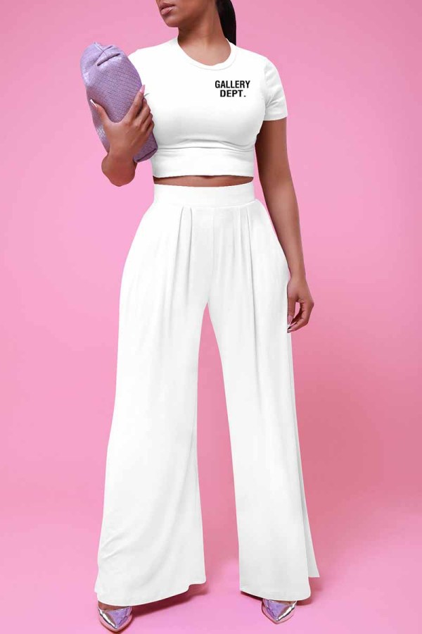 White Casual Print Letter O Neck Short Sleeve Two Pieces