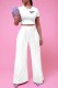 White Casual Print Letter O Neck Short Sleeve Two Pieces