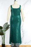 Green Sexy Solid Sequins Patchwork Slit U Neck Vest Dress Dresses