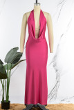 Rose Red Sexy Solid Backless Halter Long Dress Dresses