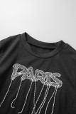 Black Casual Letter Hot Drilling Patchwork O Neck T-Shirts