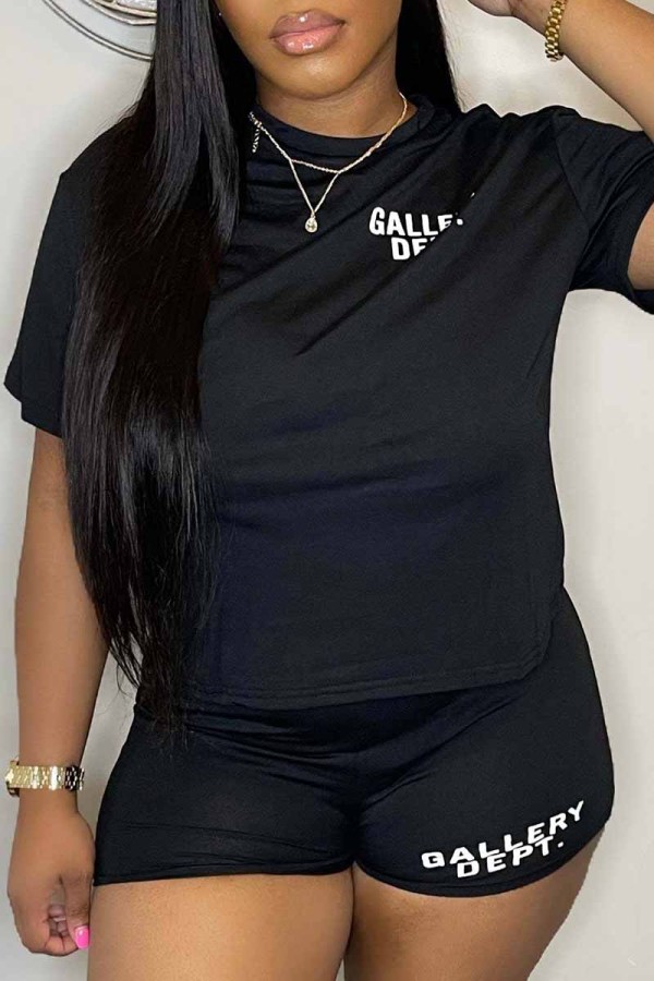 Black Casual Print Letter O Neck Short Sleeve Two Pieces