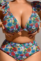 Multicolor Sexy Print Bandage Backless V Neck Plus Size Swimwear (With Paddings)