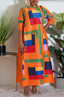 Tangerine Red Street Geometric Print Patchwork O Neck Long Dress Dresses(The Front Piece Is Shorter)