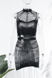 Black Sexy Solid Hollowed Out Patchwork O Neck Pencil Skirt Dresses