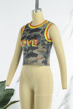 Camouflage Street Print Patchwork O Neck Tops
