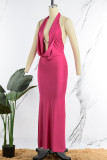 Rose Red Sexy Solid Backless Halter Long Dress Dresses