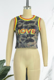 Camouflage Street Print Patchwork O Neck Tops