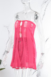 Rose Red Sexy Solid Hollowed Out Patchwork See-through Asymmetrical Strapless Sleeveless Two Pieces