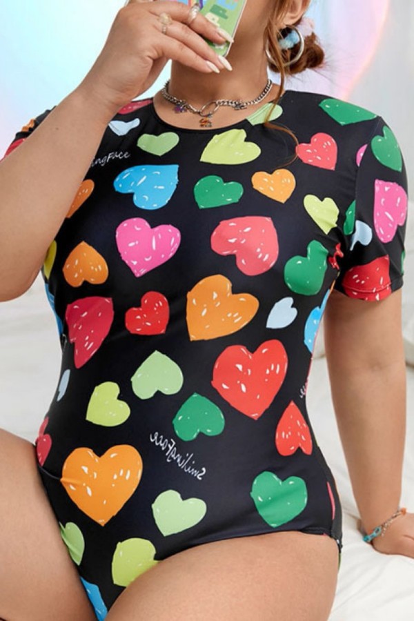 Black Sexy Print Patchwork Zipper O Neck Plus Size Swimwear (With Paddings)