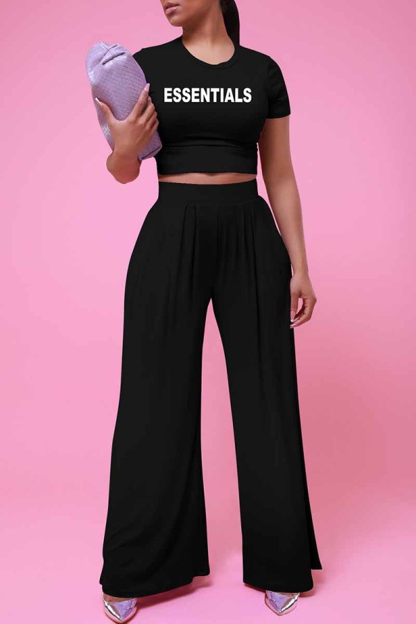 Black Casual Print Letter O Neck Short Sleeve Two Pieces