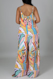 Pink Casual Daily Print Backless Spaghetti Strap Loose Jumpsuits(Without Belt)