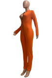Orange Sexy Casual Sportswear Solid Zipper Half A Turtleneck Skinny Jumpsuits