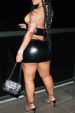 Black Sexy Solid Patchwork Asymmetrical Zipper Halter Sleeveless Two Pieces