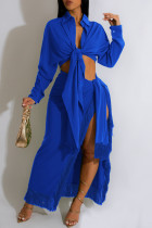 Blue Casual Solid Frenulum Slit Turndown Collar Long Sleeve Two Pieces