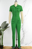 Green Sexy Solid Patchwork Pocket Turndown Collar Skinny Jumpsuits