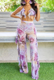 Purple Sexy Print Bandage Backless Swimsuit Three Piece Set