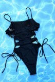 Black Sexy Solid Hollowed Out Frenulum Backless Swimwears (With Paddings)