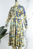 Pink Casual Print Patchwork Buckle Mandarin Collar A Line Dresses