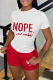 Red Casual Letter Print Basic O Neck Short Sleeve Two Pieces