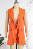Tangerine Casual Solid Patchwork Buckle Turn-back Collar Sleeveless Two Pieces