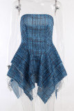 Blue Sexy Street Print Patchwork Asymmetrical Strapless A Line Dresses