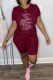 Burgundy Casual Print Letter O Neck Short Sleeve Two Pieces