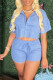 Light Blue Casual Solid Patchwork Buckle Turndown Collar Short Sleeve Two Pieces