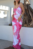 Pink Sexy Print Patchwork Slit Spaghetti Strap Dresses