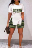 Camouflage Casual Sportswear Letter Leopard Lips Printed Camouflage Print Slit O Neck Plus Size Two Pieces