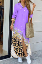 Purple Casual Print Leopard Patchwork Buckle Turndown Collar Shirt Dress Dresses