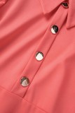 Watermelon Red Elegant Solid Patchwork Turndown Collar One Step Skirt Dresses