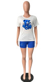 White Red Casual Print Basic O Neck Short Sleeve Two Pieces